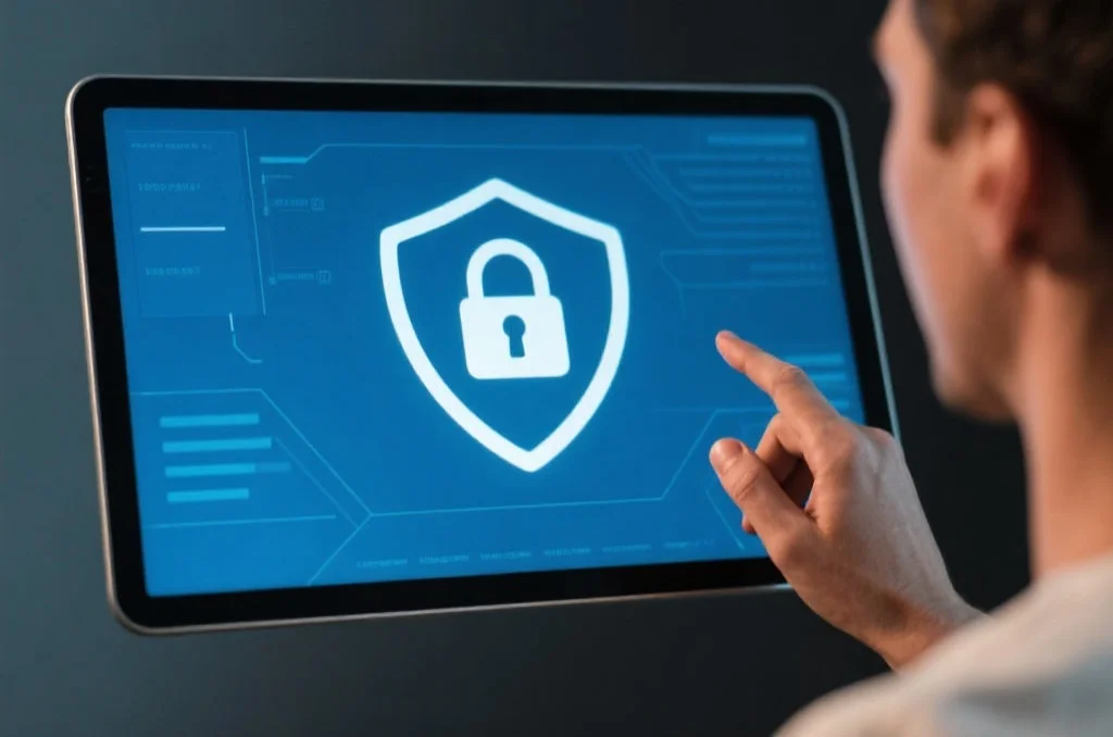 一位用户安心地使用华体会体育平台，屏幕上显示安全锁标志，象征平台带来的信任和保障